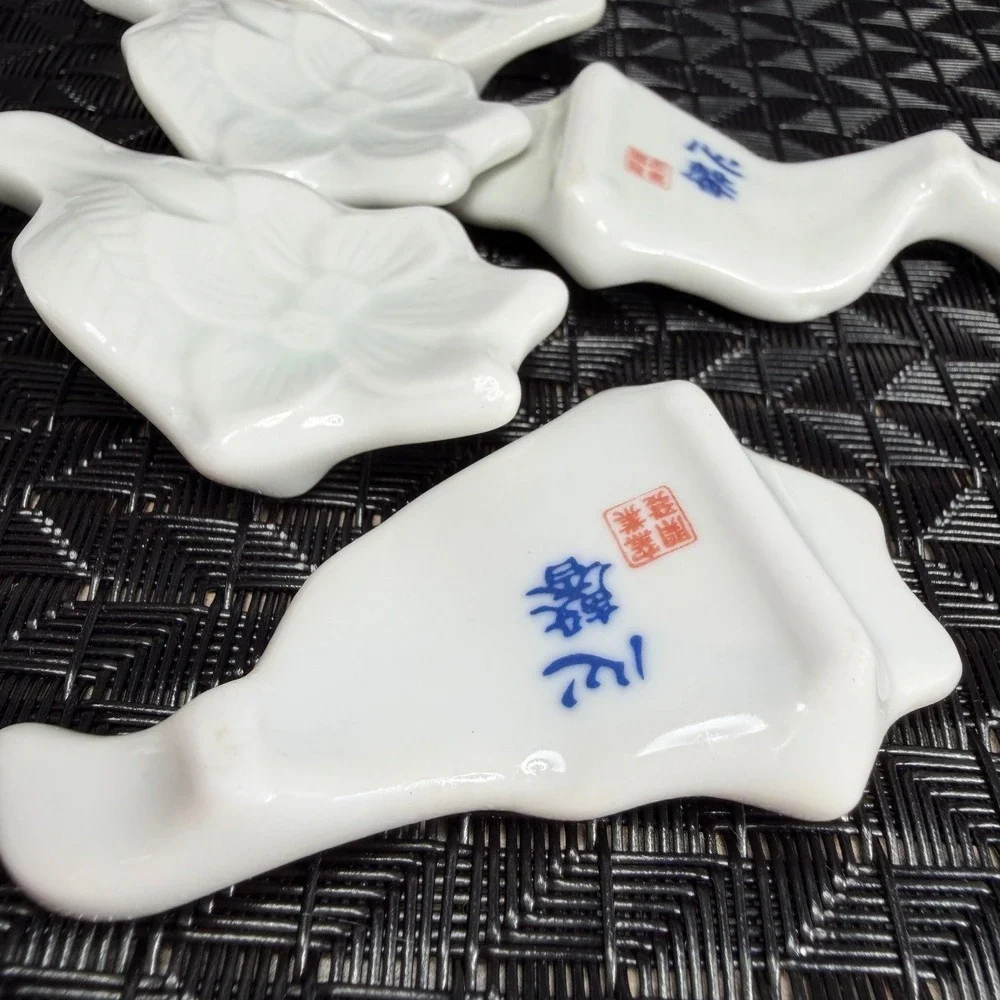 Vintage White Porcelain Floral Chopstick Rests Set of 6 Embossed Flower Leaf VTG